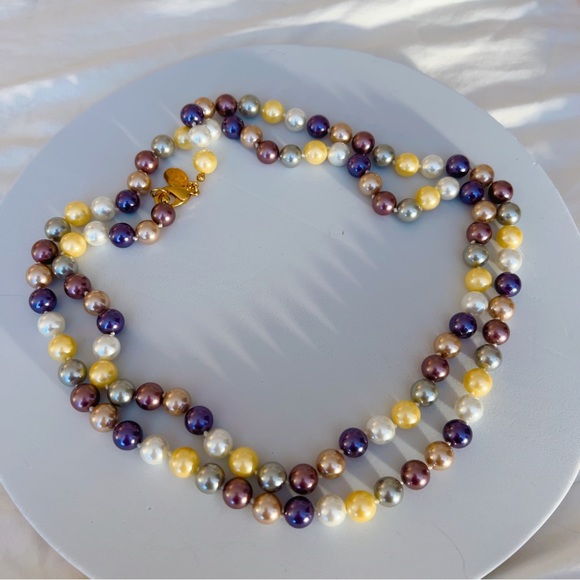 Kenneth Jay Lane Jewelry - Kenneth Jay Lane pearl 44” necklace cream champagne gold blue 8mm 🌟 gorgeous